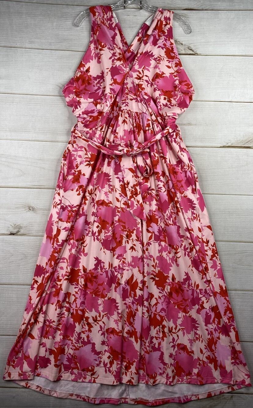 Hanna Nikole Dress 20W Pink Floral V Neck Maxi Belted Elastic Waist Summer Beach
